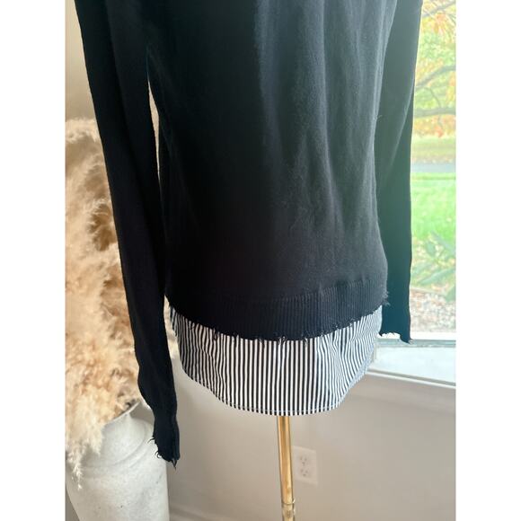 J. Society Womens XS Black V-Neck Cotton Sweater Stripe Collar Fray Hem Layered - Picture 8 of 9
